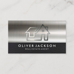 Metal Real Estate Home Icon   Leather Metallic Business Card