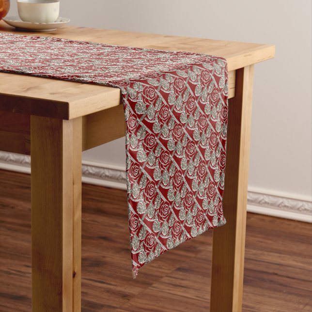 METAL ROSES 3-RED-SILVER TABLE RUNNER 14x72in (In Situ)