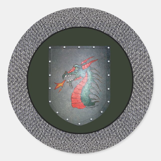 Metal Shield Dragon Chainmail Border Classic Round Sticker (Front)