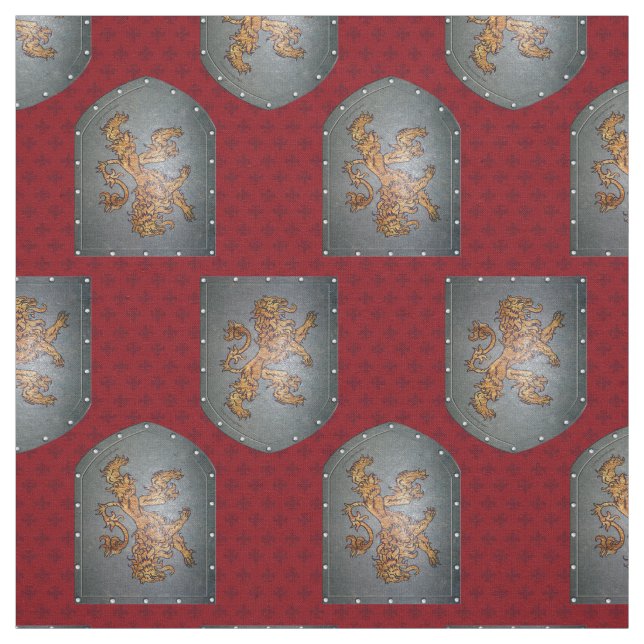 Metal Shield Lion Red Fleurs Fabric (Swatch)