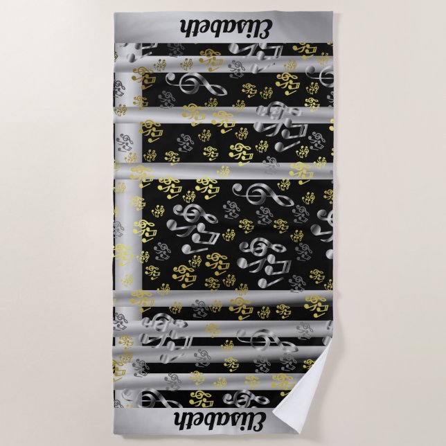 metal, shiny, pattern, music, note, elegant, beach towel (Front)