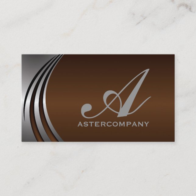 Metal silver grey chocola brown, monogram business card (Front)