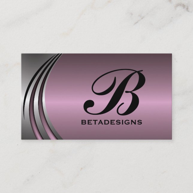 Metal silver grey dusty pink eye-catching monogram business card (Front)