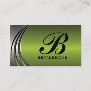 Metal silver grey, green eye-catching monogram business card
