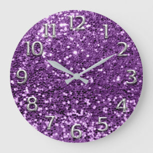 Metal Silver Grey Grey Arabic Numbers Purple Plum Large Clock
