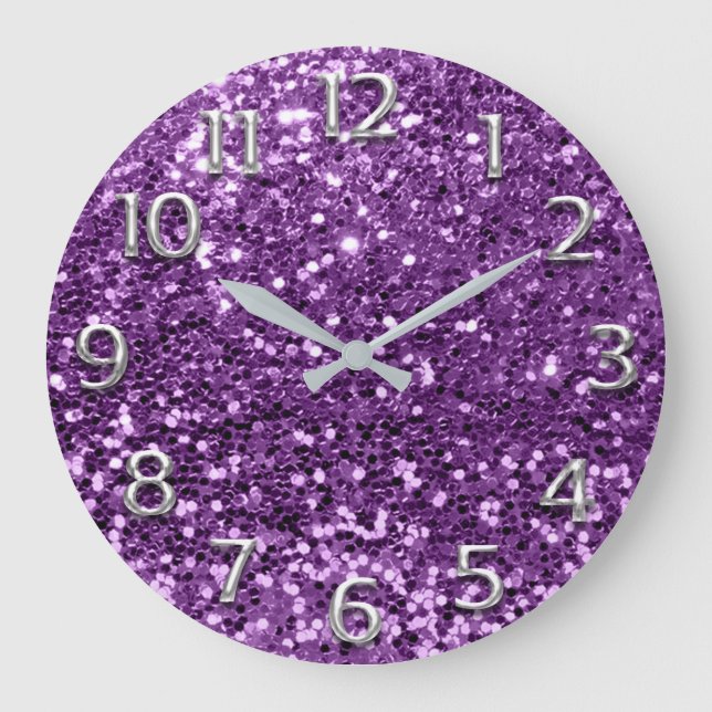 Metal Silver Grey Grey Arabic Numbers Purple Plum Large Clock (Front)