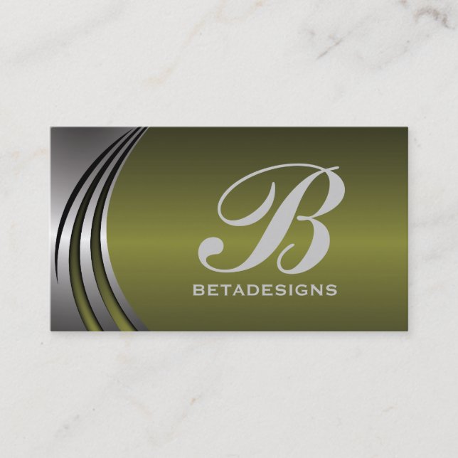 Metal silver grey, olive green monogram business card (Front)
