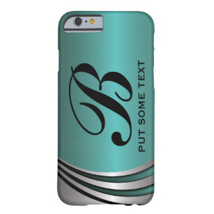 Metal silver grey teal, monogram custom barely there iPhone 6 case