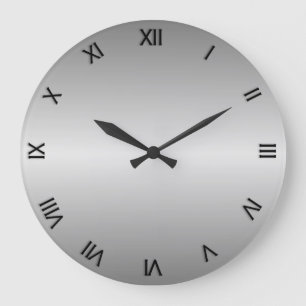 Metal Silver Look with Roman Numbers Large Clock