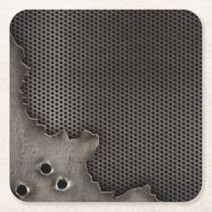 Metal with bullet holes background square paper coaster