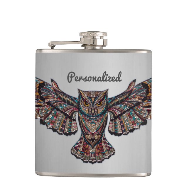 Metalised Owl Art Hip Flask (Front)