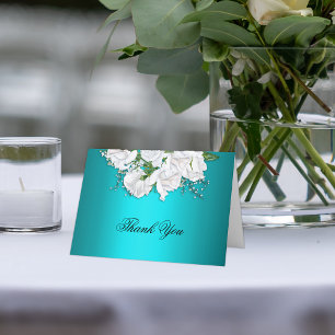 Metallic Aqua and White Bridal Roses Thank You Card