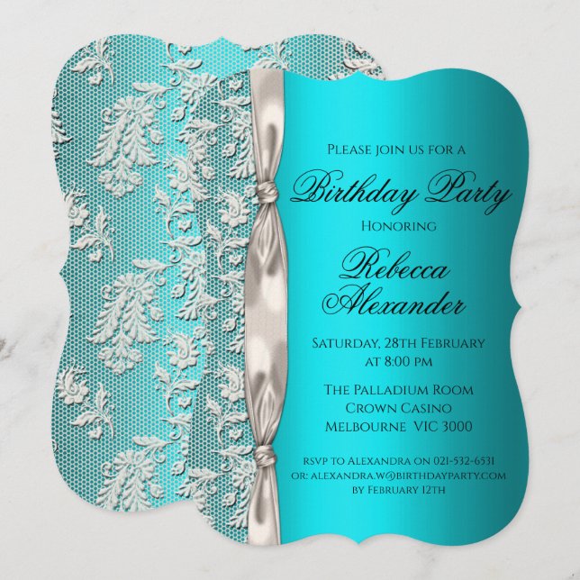 Metallic Aqua and White Lace Birthday Invitation (Front/Back)