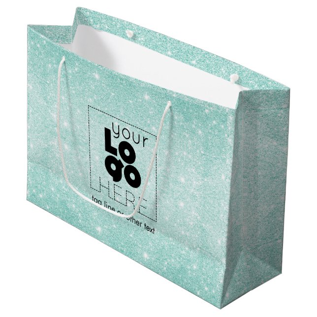 Metallic Aqua Blue Glitter Logo Paper Shopping Bag (Front Angled)