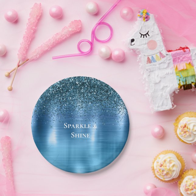 Metallic Aqua Blue Glitter Paper Plate (Party)