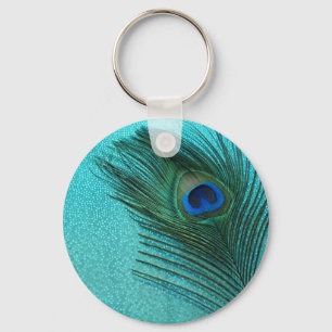 Metallic Aqua Blue Peacock Feather Key Ring