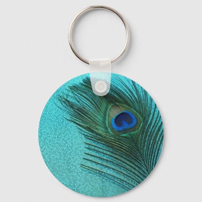 Metallic Aqua Blue Peacock Feather Key Ring (Front)