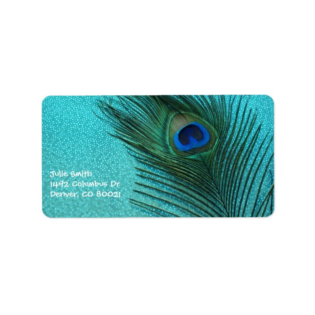 Metallic Aqua Blue Peacock Feather Label (Front)