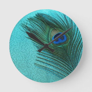 Metallic Aqua Blue Peacock Feather Round Clock