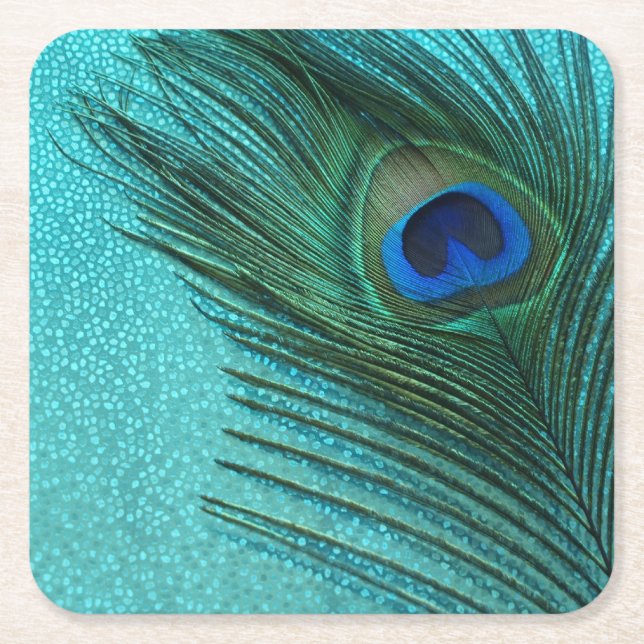 Metallic Aqua Blue Peacock Feather Square Paper Coaster (Front)