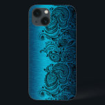 Metallic Aqua Blue With Black Paisley Lace iPhone 13 Case<br><div class="desc">Black aqua blue metallic design brushed aluminium look with black floral paisley lace.</div>