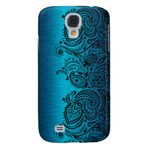 Metallic Aqua Blue With Black Paisley Lace Galaxy S4 Case