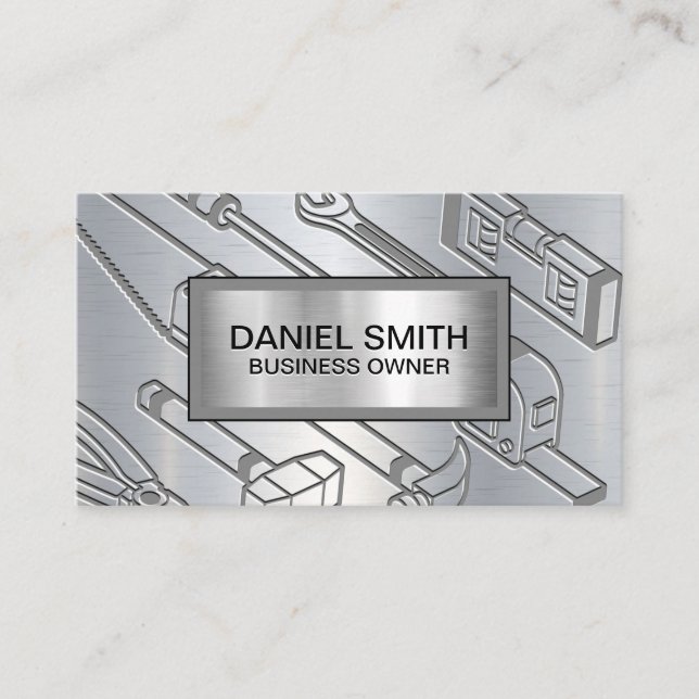 Metallic Background | Industrial Tools Engraved Business Card (Front)