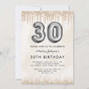 Metallic Balloon Number 30th Birthday Marble Cream Invitation