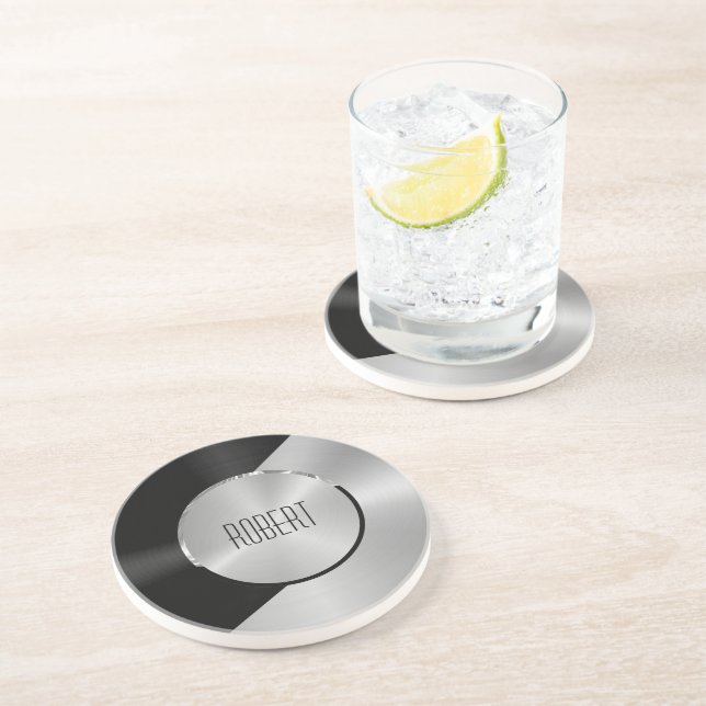 Metallic black and silver geometric design coaster (Side)