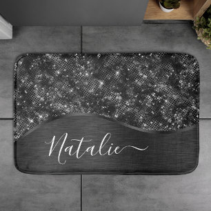 Metallic Black Glitter Personalised Bath Mat