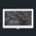 Metallic Black Glitter Personalised Business Card Holder<br><div class="desc">Easily personalise this black brushed metal and glamourous faux glitter patterned business card case with your own custom name.</div>
