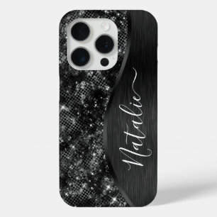Metallic Black Glitter Personalised iPhone 15 Pro Case
