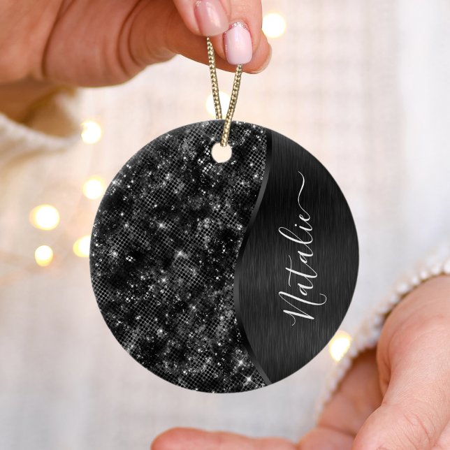 Metallic Black Glitter Personalised Ceramic Ornament (Creator Uploaded)
