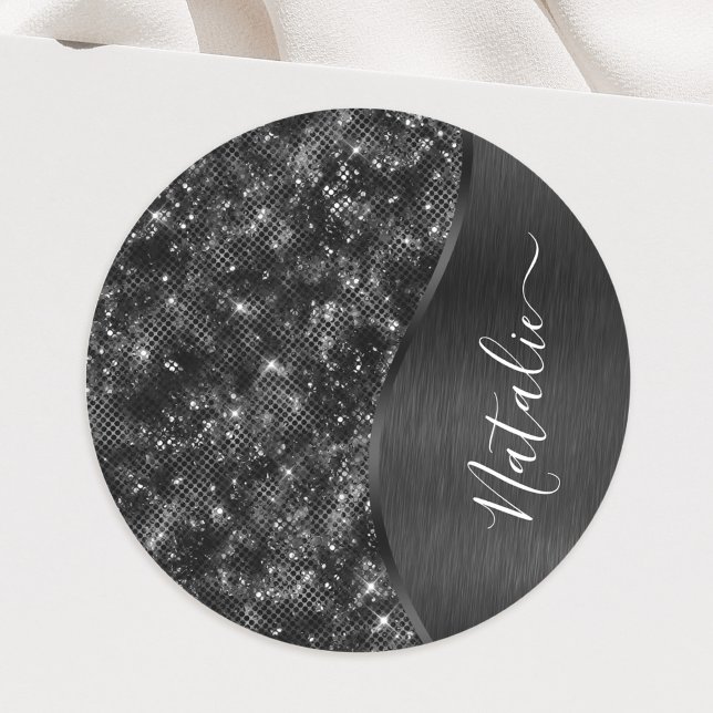 Metallic Black Glitter Personalised Classic Round Sticker (Creator Uploaded)