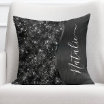 Metallic Black Glitter Personalised Cushion<br><div class="desc">Easily personalise this black brushed metal and glamourous faux glitter patterned throw pillow with your own custom name.</div>