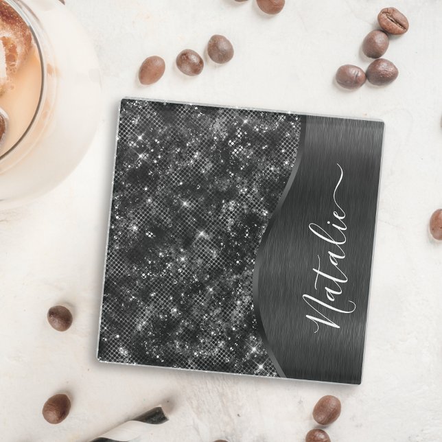 Metallic Black Glitter Personalised Glass Coaster (Creator Uploaded)