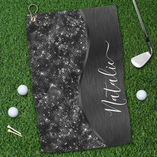 Metallic Black Glitter Personalised Golf Towel (Creator Uploaded)