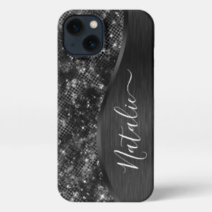 Metallic Black Glitter Personalised iPhone 13 Case