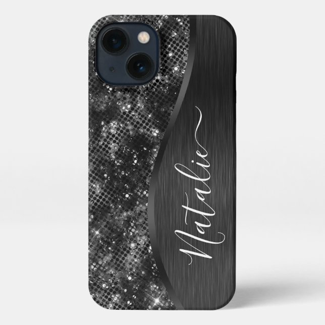Metallic Black Glitter Personalised iPhone Case (Back)