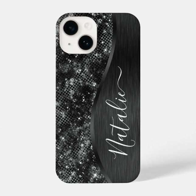 Metallic Black Glitter Personalised iPhone Case (Back)