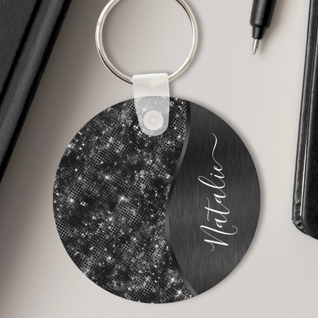Metallic Black Glitter Personalised Key Ring (Creator Uploaded)