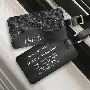 Metallic Black Glitter Personalised Luggage Tag