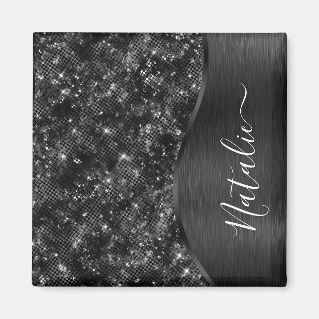 Metallic Black Glitter Personalised Magnet (Front)