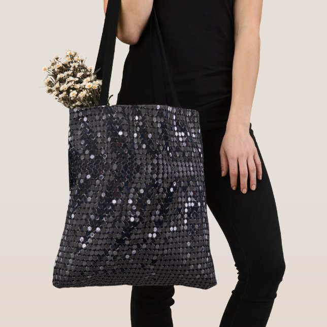 Metallic Black Glitter Personalised modern chic Tote Bag (Close Up)