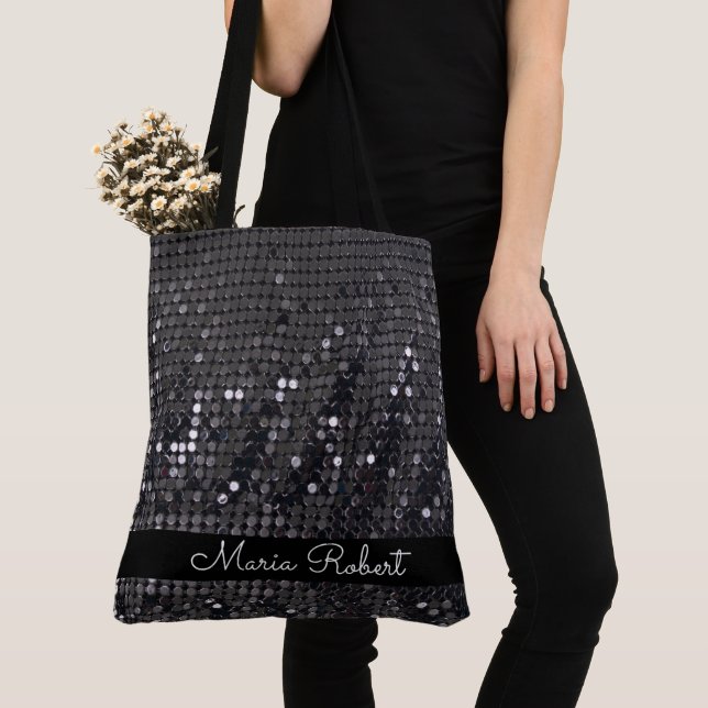 Metallic Black Glitter Personalised modern chic Tote Bag (Close Up)