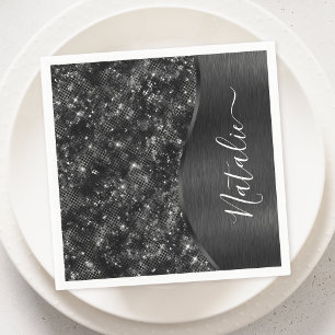 Metallic Black Glitter Personalised Napkin