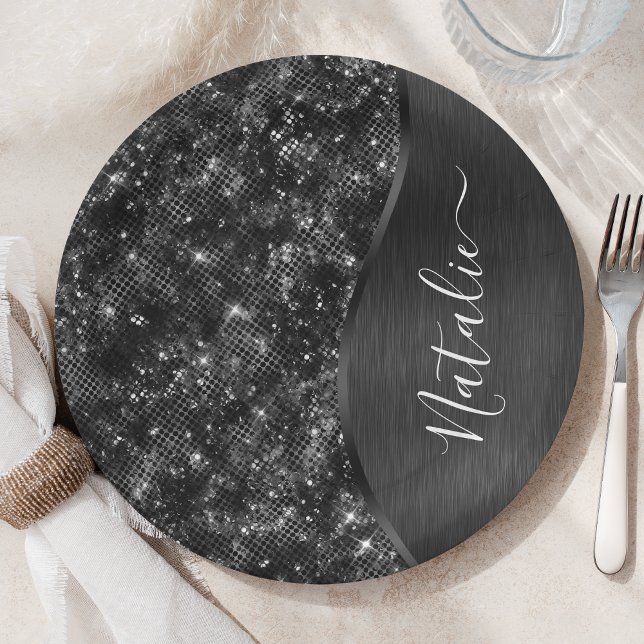 Metallic Black Glitter Personalised Paper Plate (Creator Uploaded)