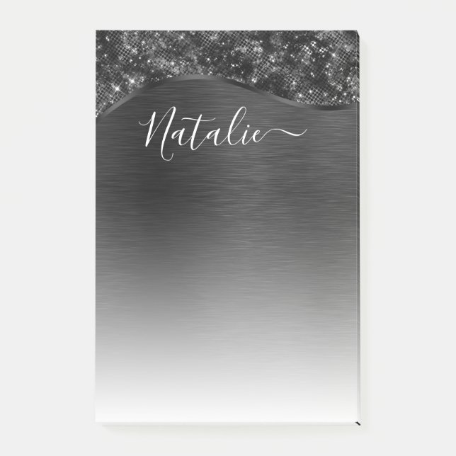 Metallic Black Glitter Personalised Post-it Notes (Front)