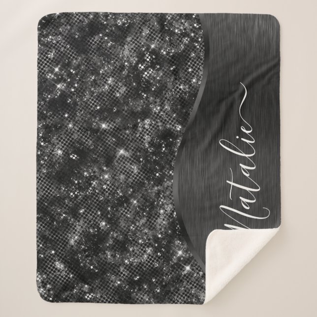 Metallic Black Glitter Personalised Sherpa Blanket (Front)