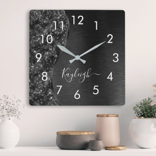 Metallic Black Glitter Personalised Square Wall Clock